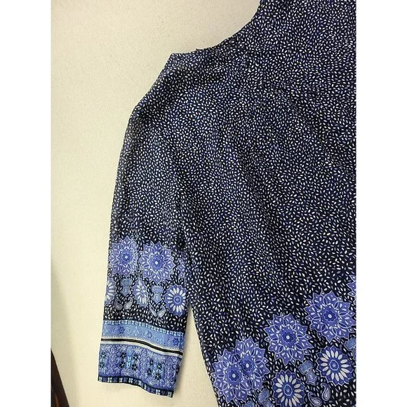 Boden Women 10 Navy Floral Blouse Pin Tucked Front Sheer 3/4 Sleeve Cottage Core - Picture 8 of 11